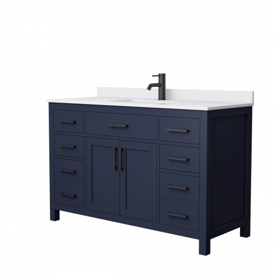 54 Inch Single Bathroom Vanity in Dark Blue, White Cultured Marble Countertop, Sink, Black Trim