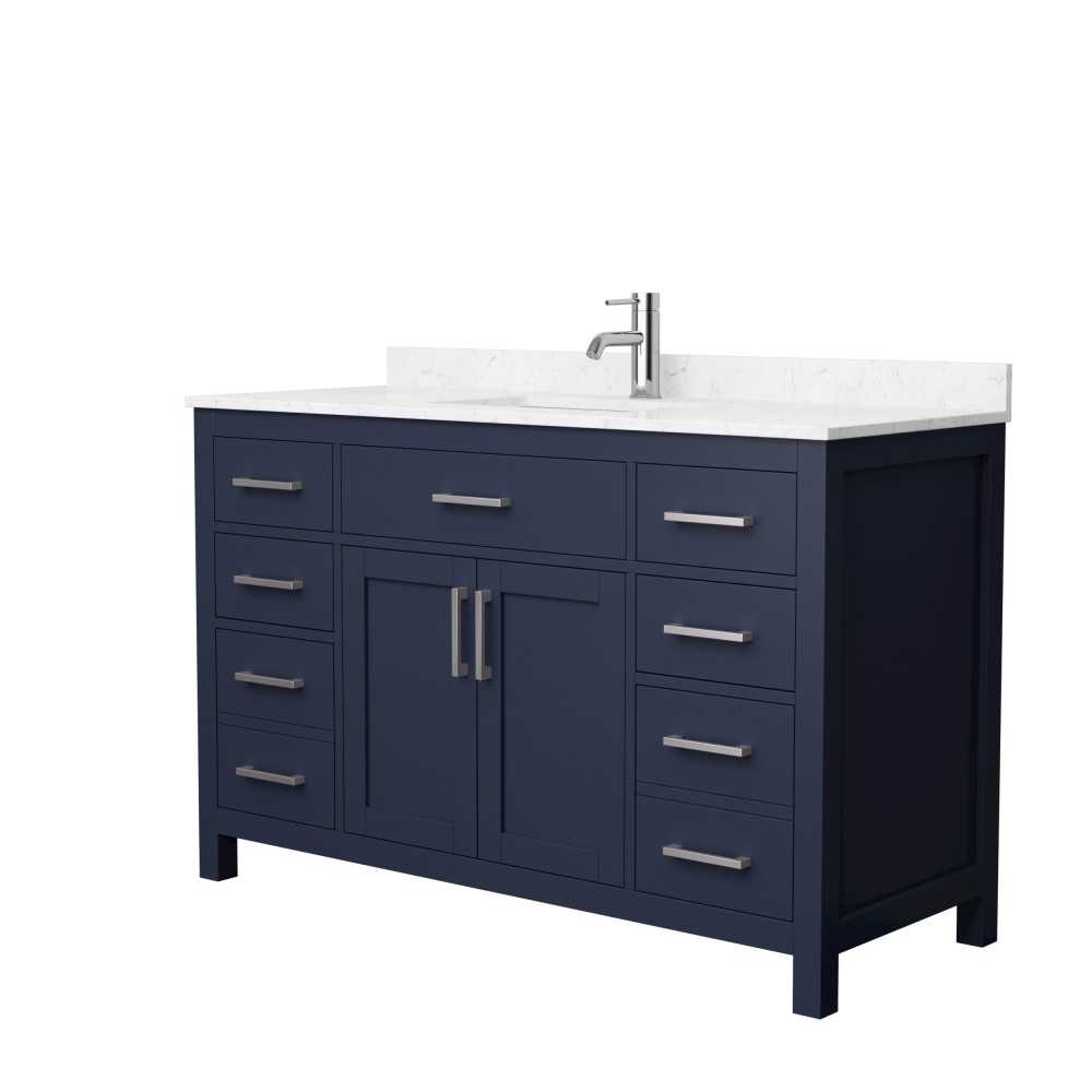 54 Inch Single Bathroom Vanity in Dark Blue, Carrara Cultured Marble Countertop, Sink, Nickel Trim