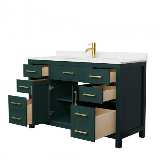 54 Inch Single Bathroom Vanity in Green, Carrara Cultured Marble Countertop, Sink, Gold Trim