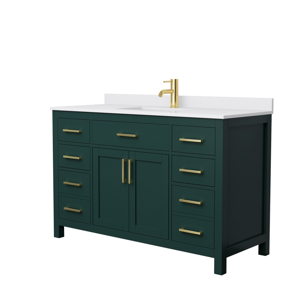 54 Inch Single Bathroom Vanity in Green, White Cultured Marble Countertop, Sink, Gold Trim