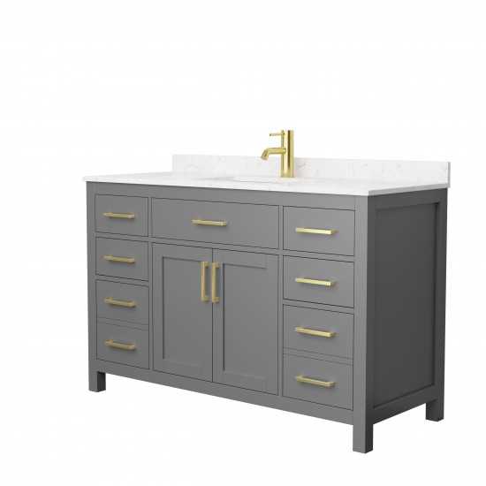 54 Inch Single Bathroom Vanity in Dark Gray, Carrara Cultured Marble Countertop, Sink, Gold Trim