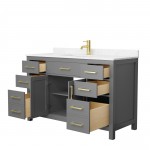 54 Inch Single Bathroom Vanity in Dark Gray, Carrara Cultured Marble Countertop, Sink, Gold Trim