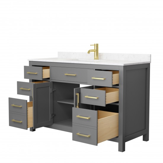 54 Inch Single Bathroom Vanity in Dark Gray, Carrara Cultured Marble Countertop, Sink, Gold Trim