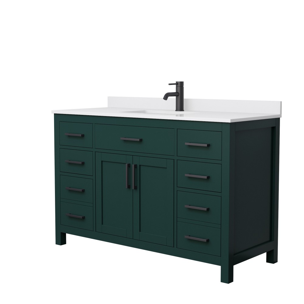 54 Inch Single Bathroom Vanity in Green, White Cultured Marble Countertop, Sink, Black Trim