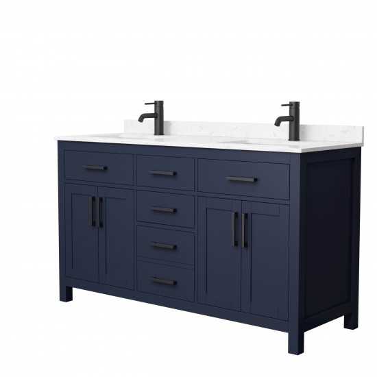 60 Inch Double Bathroom Vanity in Dark Blue, Carrara Cultured Marble Countertop, Sinks, Black Trim