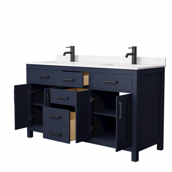 60 Inch Double Bathroom Vanity in Dark Blue, Carrara Cultured Marble Countertop, Sinks, Black Trim