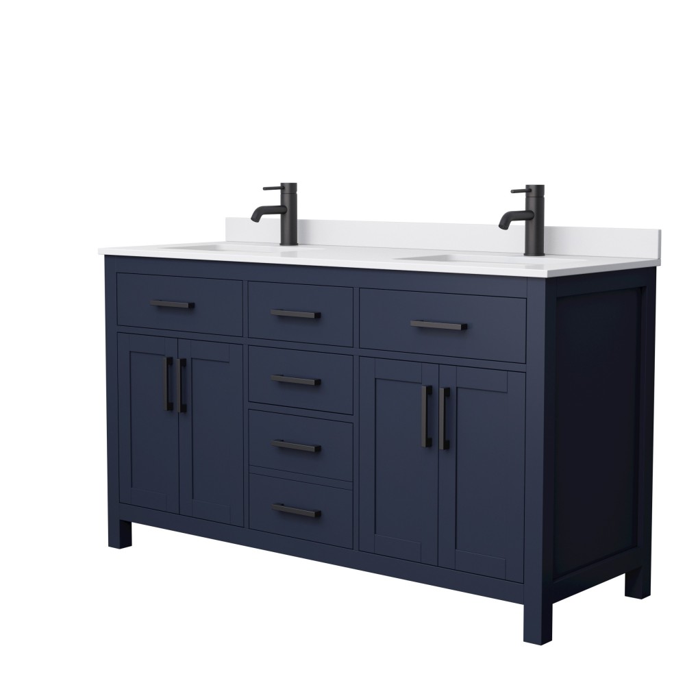 60 Inch Double Bathroom Vanity in Dark Blue, White Cultured Marble Countertop, Sinks, Black Trim