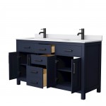 60 Inch Double Bathroom Vanity in Dark Blue, White Cultured Marble Countertop, Sinks, Black Trim