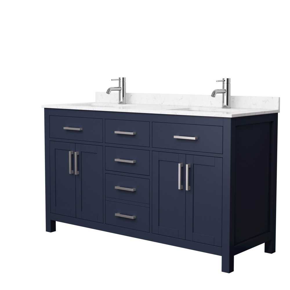 60 Inch Double Bathroom Vanity in Dark Blue, Carrara Cultured Marble Countertop, Sinks, Nickel Trim