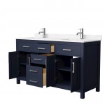 60 Inch Double Bathroom Vanity in Dark Blue, Carrara Cultured Marble Countertop, Sinks, Nickel Trim