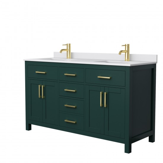 60 Inch Double Bathroom Vanity in Green, White Cultured Marble Countertop, Sinks, Gold Trim