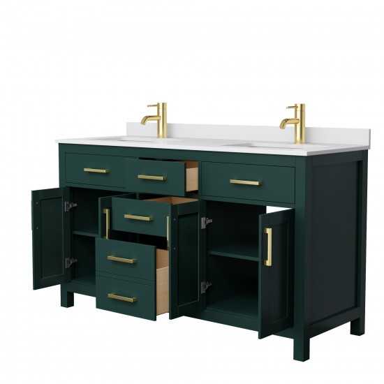 60 Inch Double Bathroom Vanity in Green, White Cultured Marble Countertop, Sinks, Gold Trim