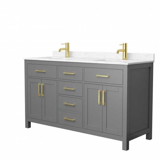 60 Inch Double Bathroom Vanity in Dark Gray, Carrara Cultured Marble Countertop, Sinks, Gold Trim