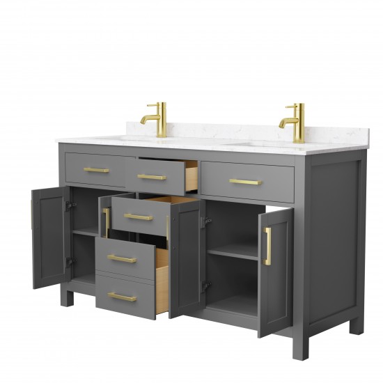 60 Inch Double Bathroom Vanity in Dark Gray, Carrara Cultured Marble Countertop, Sinks, Gold Trim