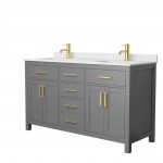 60 Inch Double Bathroom Vanity in Dark Gray, White Cultured Marble Countertop, Sinks, Gold Trim