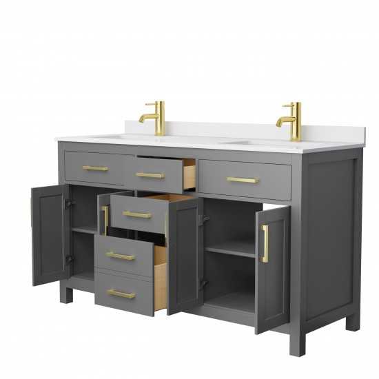 60 Inch Double Bathroom Vanity in Dark Gray, White Cultured Marble Countertop, Sinks, Gold Trim