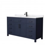 60 Inch Single Bathroom Vanity in Dark Blue, Carrara Cultured Marble Countertop, Sink, Black Trim