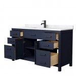 60 Inch Single Bathroom Vanity in Dark Blue, Carrara Cultured Marble Countertop, Sink, Black Trim