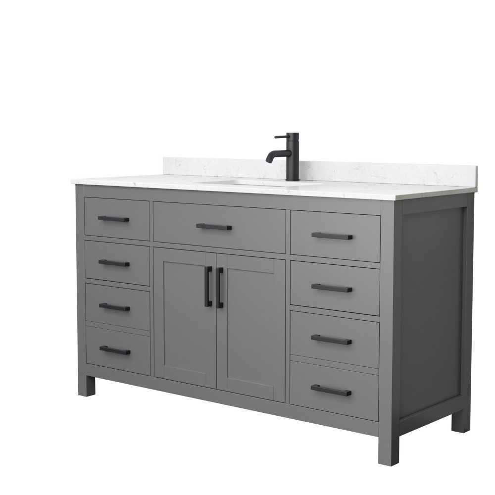 60 Inch Single Bathroom Vanity in Dark Gray, Carrara Cultured Marble Countertop, Sink, Black Trim