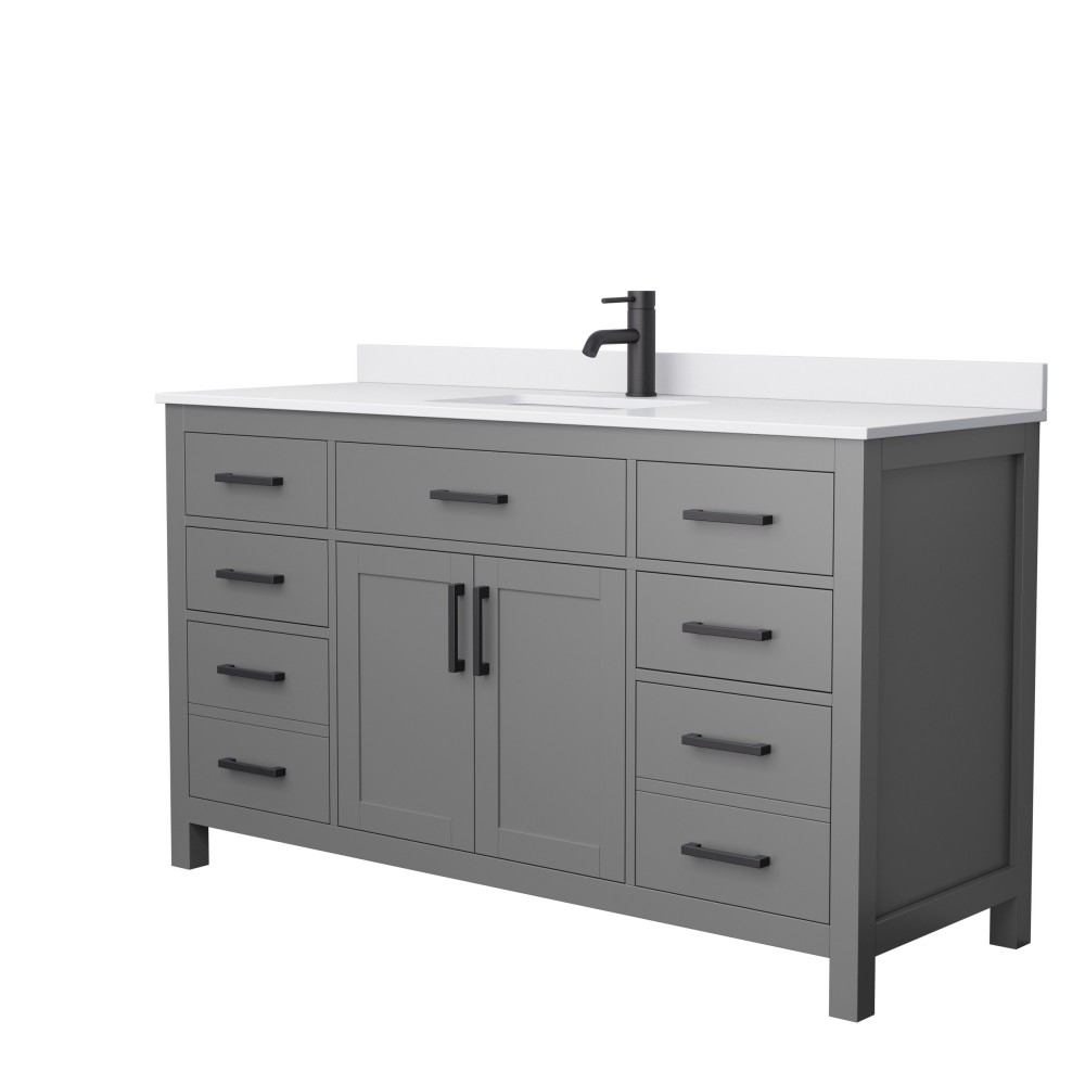 60 Inch Single Bathroom Vanity in Dark Gray, White Cultured Marble Countertop, Sink, Black Trim