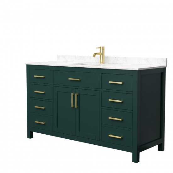 60 Inch Single Bathroom Vanity in Green, Carrara Cultured Marble Countertop, Sink, Gold Trim