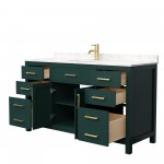 60 Inch Single Bathroom Vanity in Green, Carrara Cultured Marble Countertop, Sink, Gold Trim