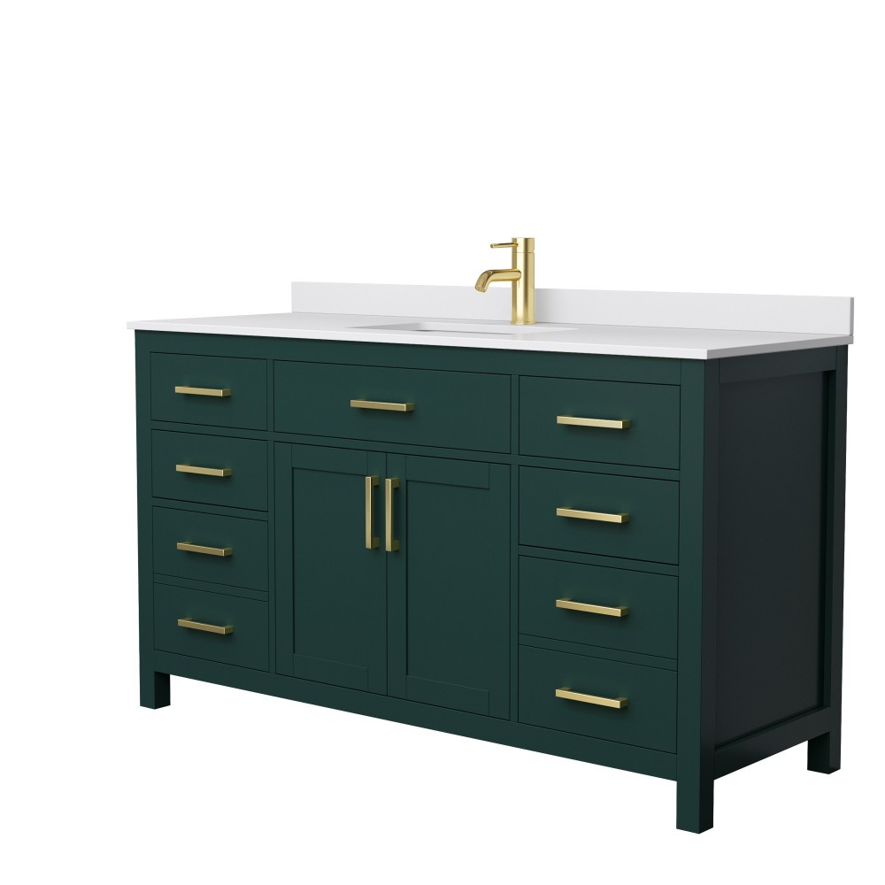 60 Inch Single Bathroom Vanity in Green, White Cultured Marble Countertop, Sink, Gold Trim