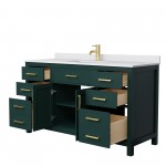 60 Inch Single Bathroom Vanity in Green, White Cultured Marble Countertop, Sink, Gold Trim