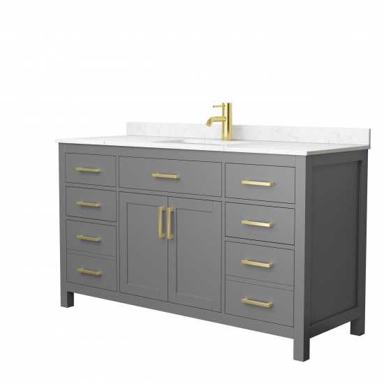 60 Inch Single Bathroom Vanity in Dark Gray, Carrara Cultured Marble Countertop, Sink, Gold Trim