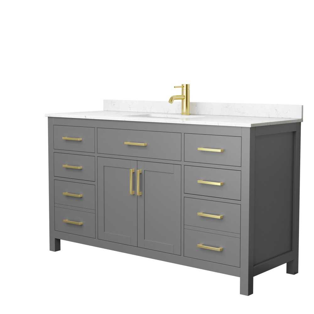 60 Inch Single Bathroom Vanity in Dark Gray, Carrara Cultured Marble Countertop, Sink, Gold Trim 60 Inch Single Bathroom Vanity in Dark Gray, Carrara Cultured Marble Countertop, Sink, Gold Trim