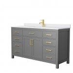 60 Inch Single Bathroom Vanity in Dark Gray, White Cultured Marble Countertop, Sink, Gold Trim