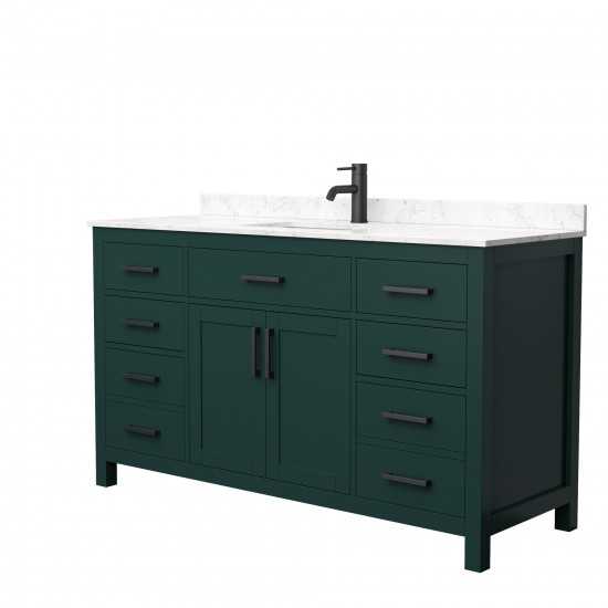 60 Inch Single Bathroom Vanity in Green, Carrara Cultured Marble Countertop, Sink, Black Trim