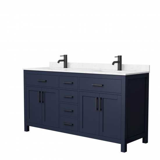 66 Inch Double Bathroom Vanity in Dark Blue, Carrara Cultured Marble Countertop, Sinks, Black Trim