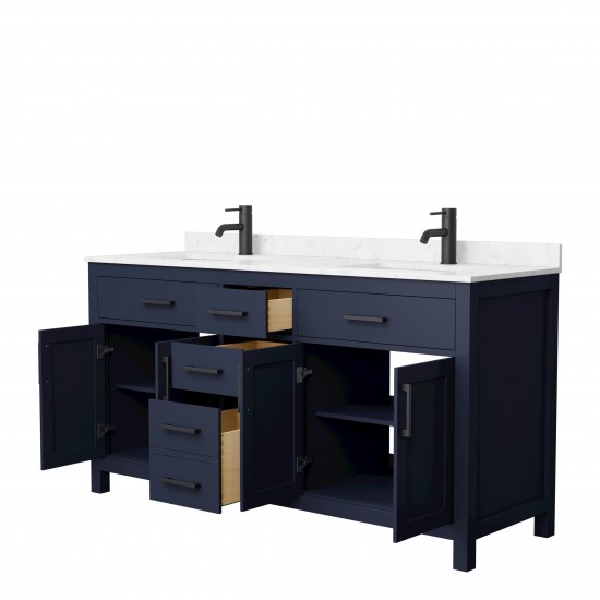 66 Inch Double Bathroom Vanity in Dark Blue, Carrara Cultured Marble Countertop, Sinks, Black Trim