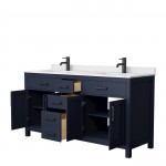 66 Inch Double Bathroom Vanity in Dark Blue, White Cultured Marble Countertop, Sinks, Black Trim