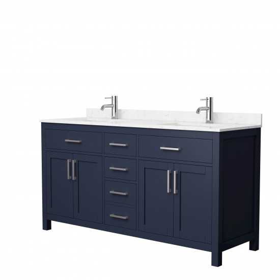 66 Inch Double Bathroom Vanity in Dark Blue, Carrara Cultured Marble Countertop, Sinks, Nickel Trim