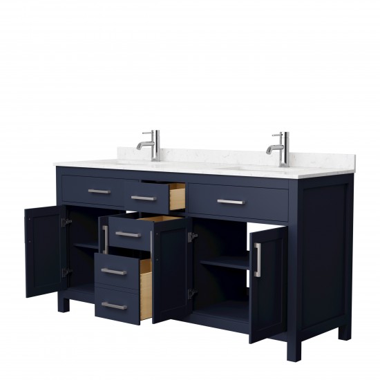 66 Inch Double Bathroom Vanity in Dark Blue, Carrara Cultured Marble Countertop, Sinks, Nickel Trim