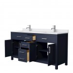 66 Inch Double Bathroom Vanity in Dark Blue, White Cultured Marble Countertop, Sinks, Nickel Trim