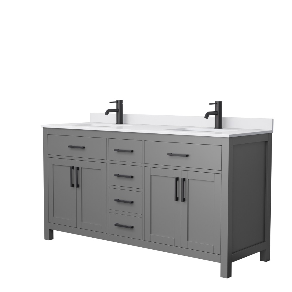 66 Inch Double Bathroom Vanity in Dark Gray, White Cultured Marble Countertop, Sinks, Black Trim