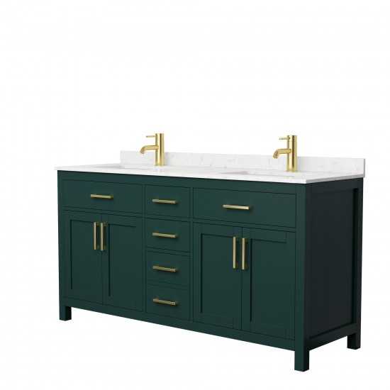 66 Inch Double Bathroom Vanity in Green, Carrara Cultured Marble Countertop, Sinks, Gold Trim