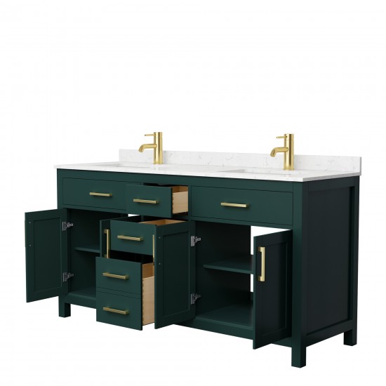 66 Inch Double Bathroom Vanity in Green, Carrara Cultured Marble Countertop, Sinks, Gold Trim