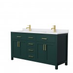 66 Inch Double Bathroom Vanity in Green, White Cultured Marble Countertop, Sinks, Gold Trim