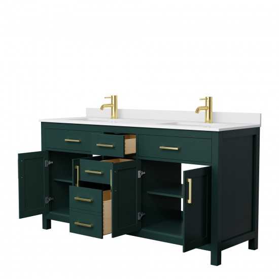 66 Inch Double Bathroom Vanity in Green, White Cultured Marble Countertop, Sinks, Gold Trim