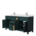 66 Inch Double Bathroom Vanity in Green, White Cultured Marble Countertop, Sinks, Nickel Trim