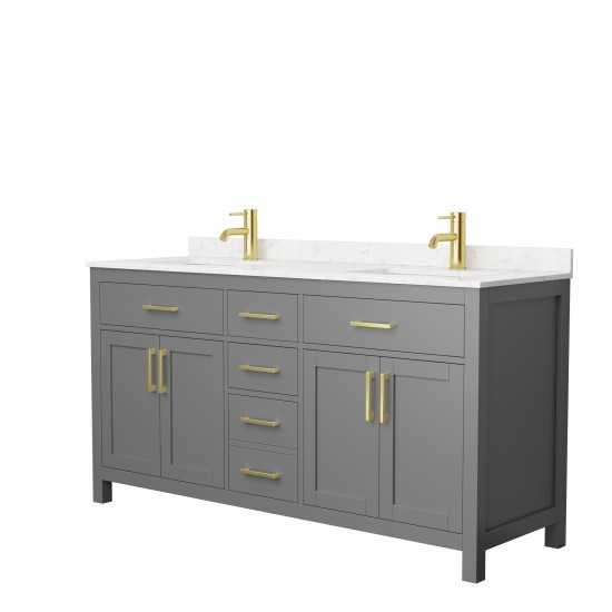 66 Inch Double Bathroom Vanity in Dark Gray, Carrara Cultured Marble Countertop, Sinks, Gold Trim