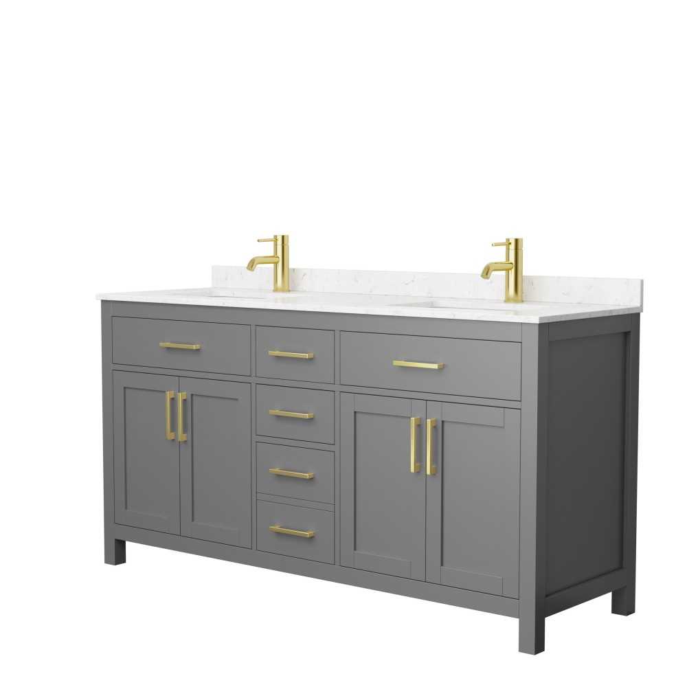 66 Inch Double Bathroom Vanity in Dark Gray, Carrara Cultured Marble Countertop, Sinks, Gold Trim