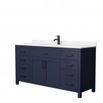 66 Inch Single Bathroom Vanity in Dark Blue, Carrara Cultured Marble Countertop, Sink, Black Trim