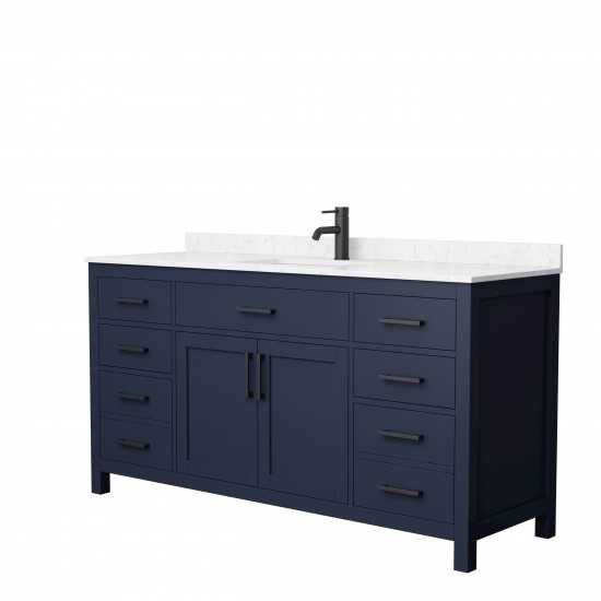 66 Inch Single Bathroom Vanity in Dark Blue, Carrara Cultured Marble Countertop, Sink, Black Trim