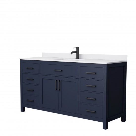 66 Inch Single Bathroom Vanity in Dark Blue, White Cultured Marble Countertop, Sink, Black Trim