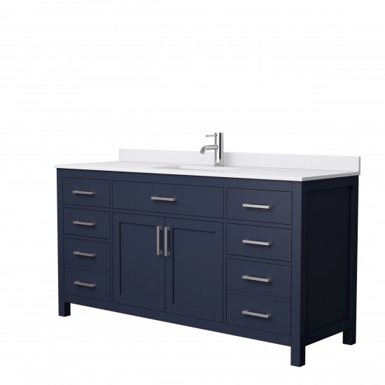 66 Inch Single Bathroom Vanity in Dark Blue, White Cultured Marble Countertop, Sink, Nickel Trim